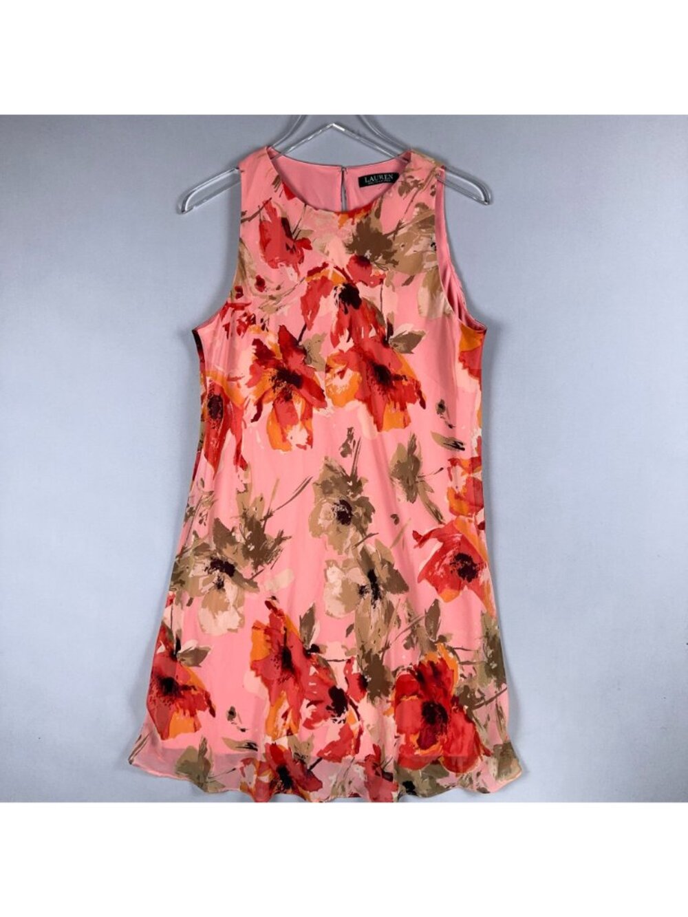 Lauren Ralph Lauren Dress Size 12 Shift Midi Sleeveless Floral Chiffon Pink - Picture 3 of 10